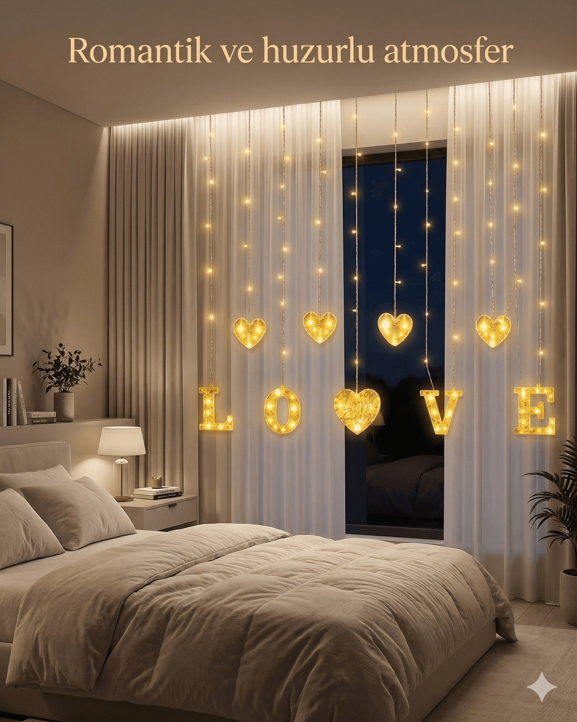 Metre Perde Led Işık - 8 Modlu Kalp ve LOVE Figürlü