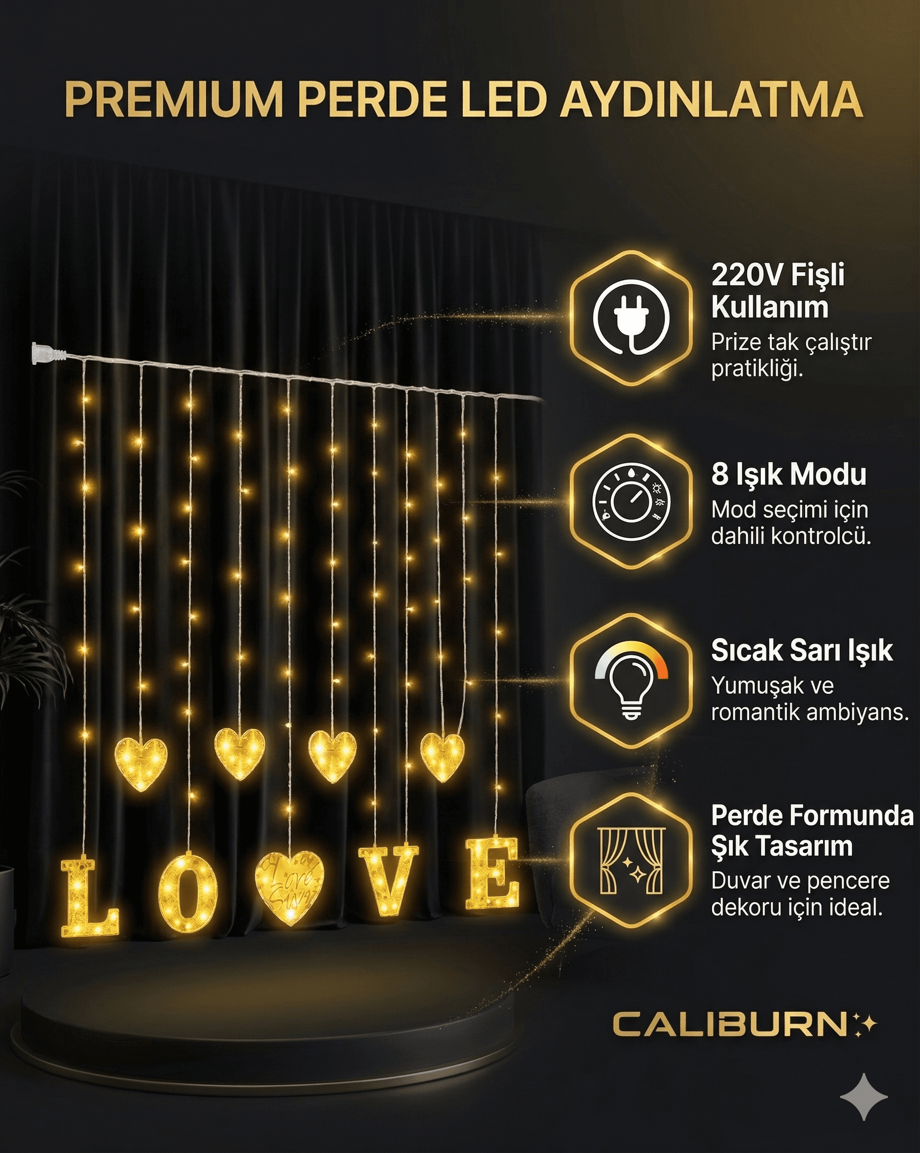 Metre Perde Led Işık - 8 Modlu Kalp ve LOVE Figürlü