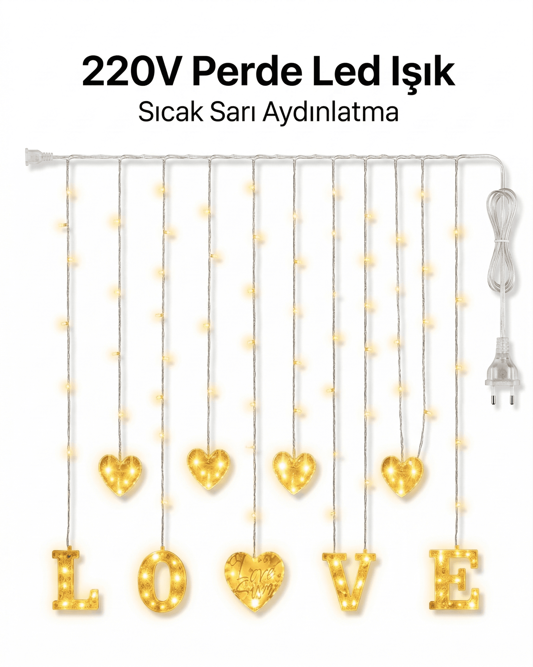 Metre Perde Led Işık - 8 Modlu Kalp ve LOVE Figürlü