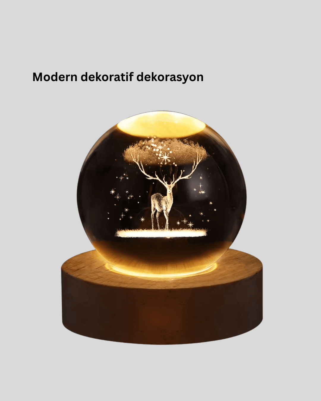 Doğal Ahşap Standlı Geyik Figürlü Kristal Küre LED